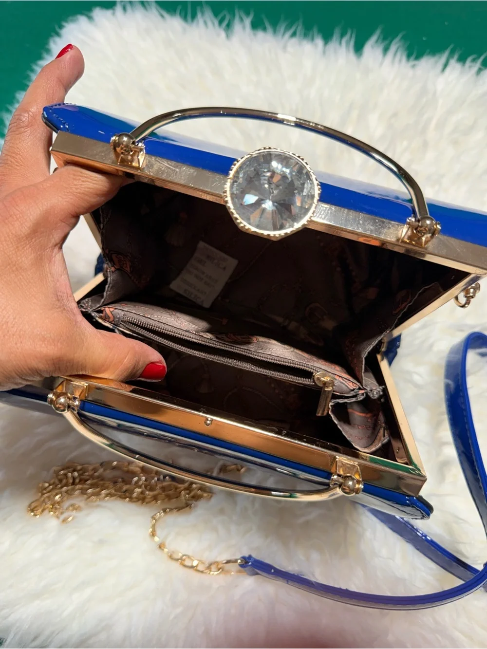 Elegant Royal Blue Patent Top-Handle Bag with Gold Chain